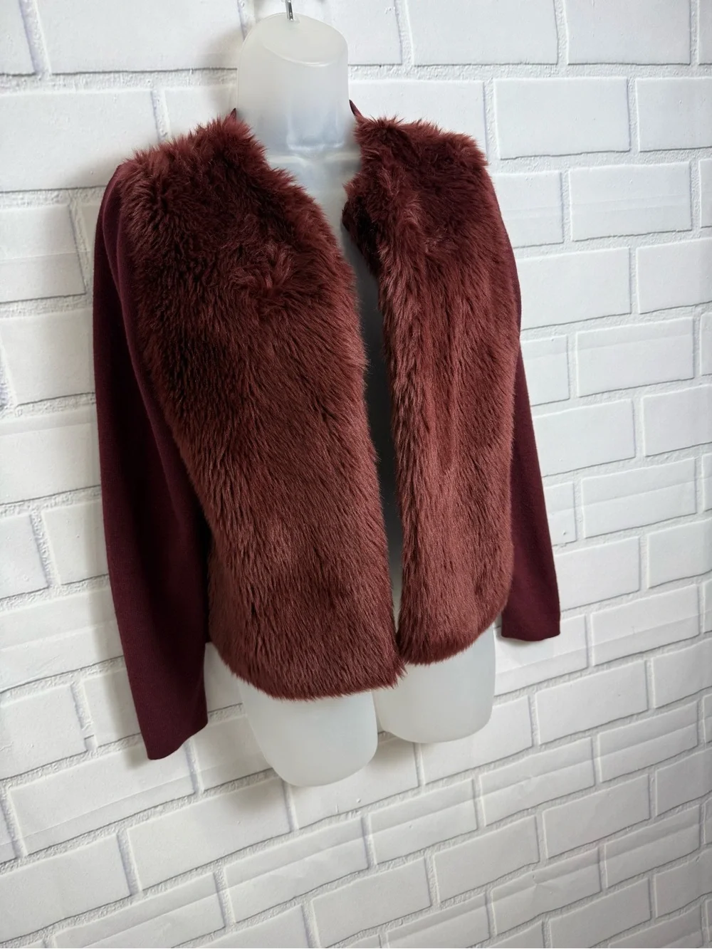Banana Republic Burgundy Faux Fur Cardigan Jacket Size S Cozy Chic